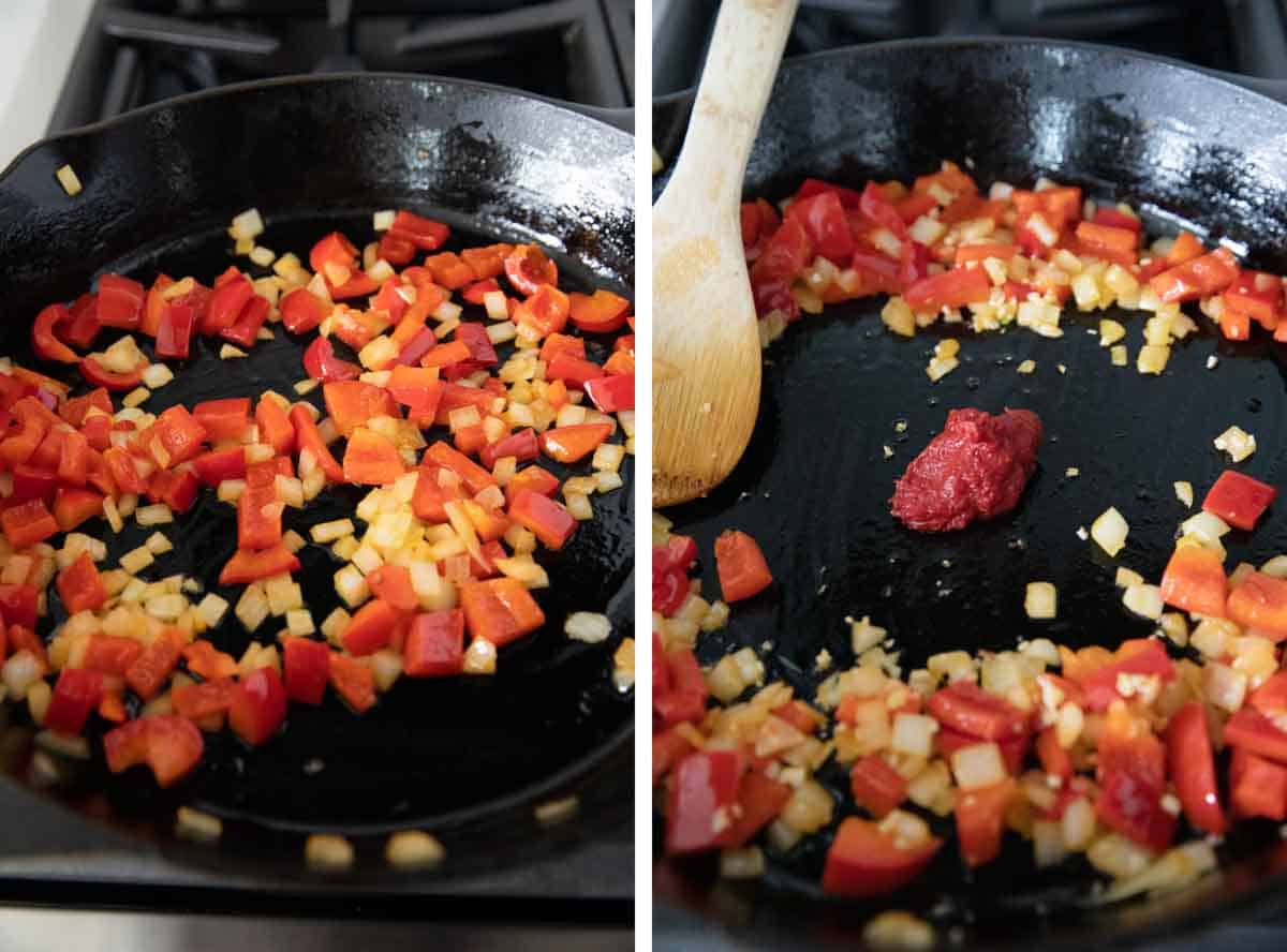 sauteeing bell peppers, onions and garlic