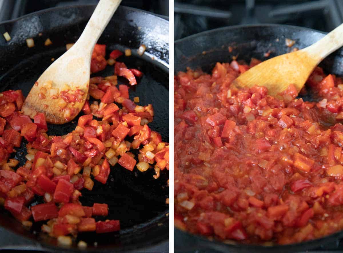 mixing in tomatoes to vegetables for shakshuka