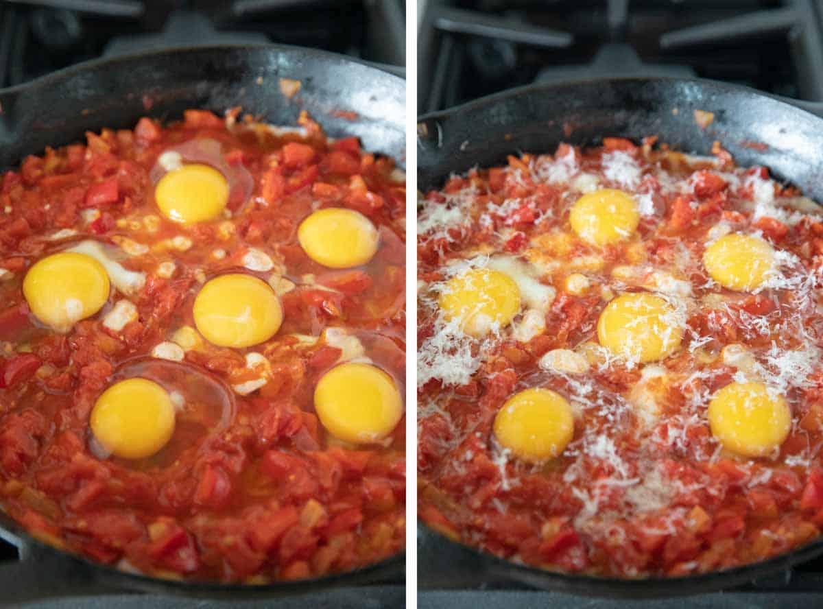 Adding eggs and parmesan to tomato mixture