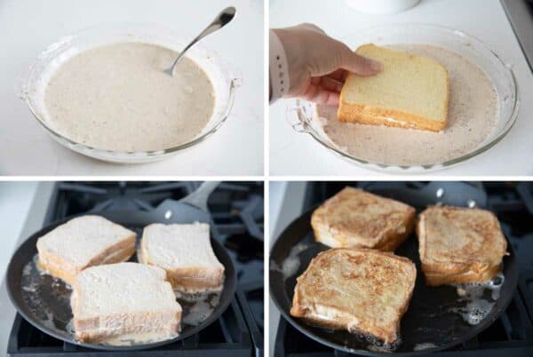 Dipping stuffed French Toast and cooking on a skillet
