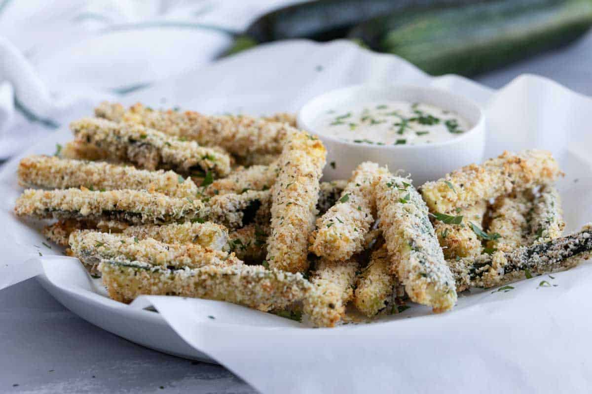 plate full of Zucchini Fries with dipping sauce