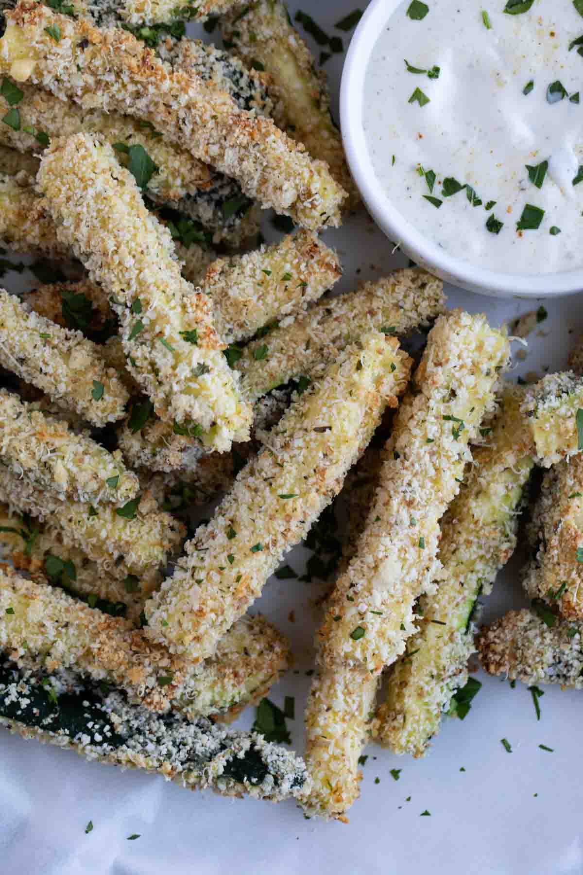 baked zucchini fries with a ranch dipping sauce