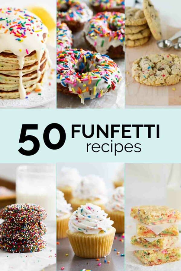 collage with 6 different recipes with sprinkles