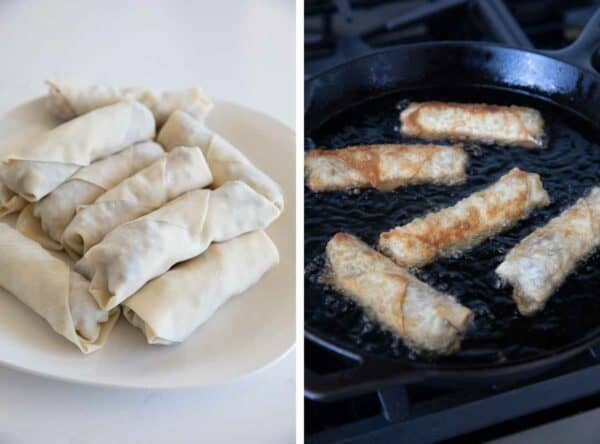 Wrapped cheeseburger eggrolls and frying the eggrolls in oil