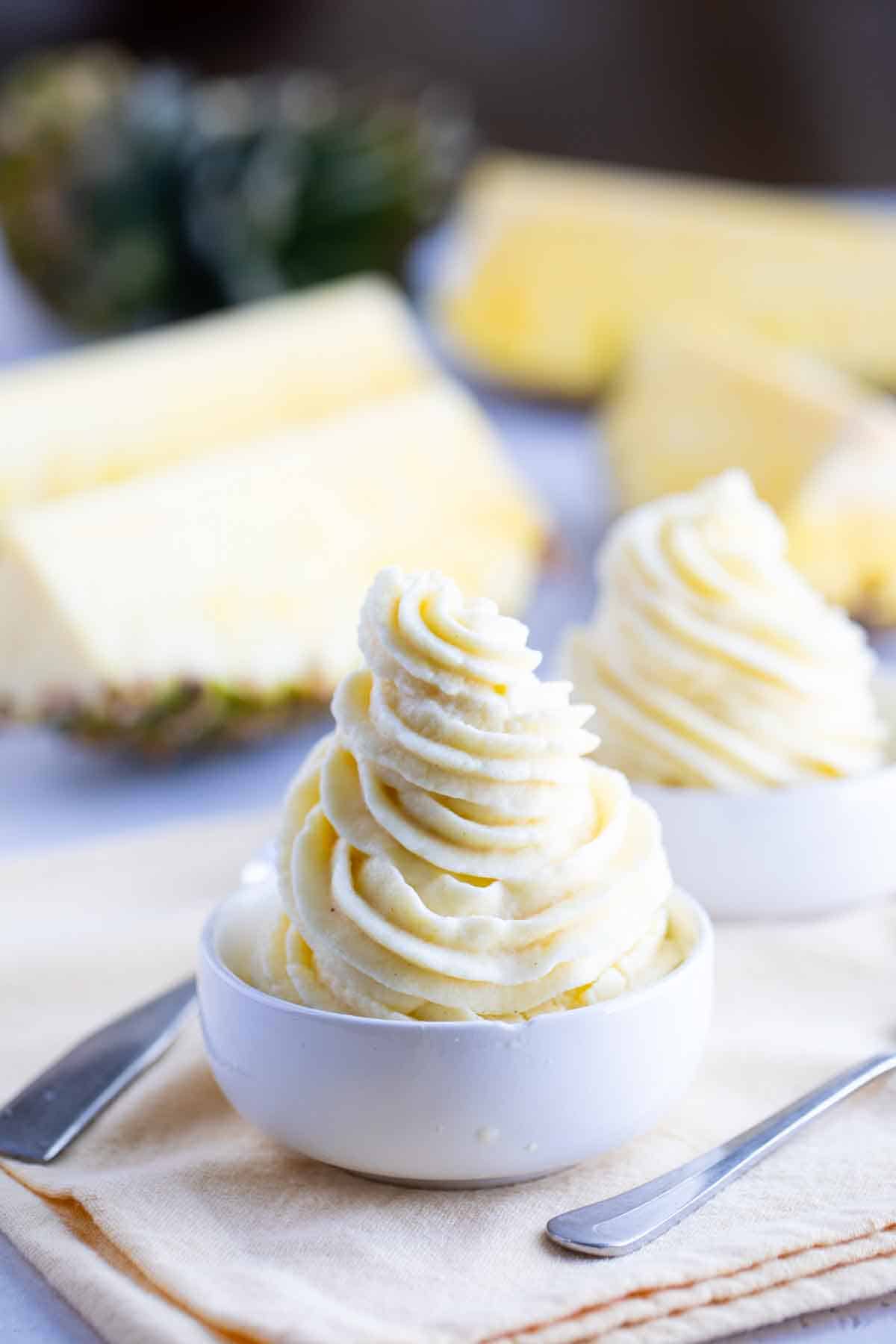 Homemade dole whip swirled in two bowls