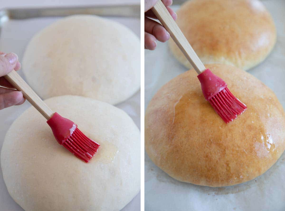 brushing unbaked and baked peasant bread with butter