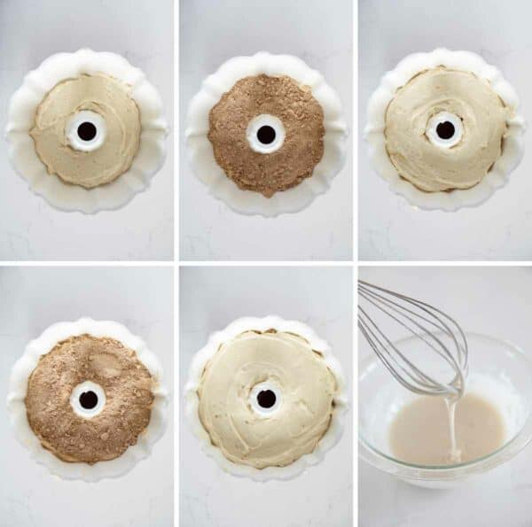 Adding batter and streusel to bundt pan for coffee cake