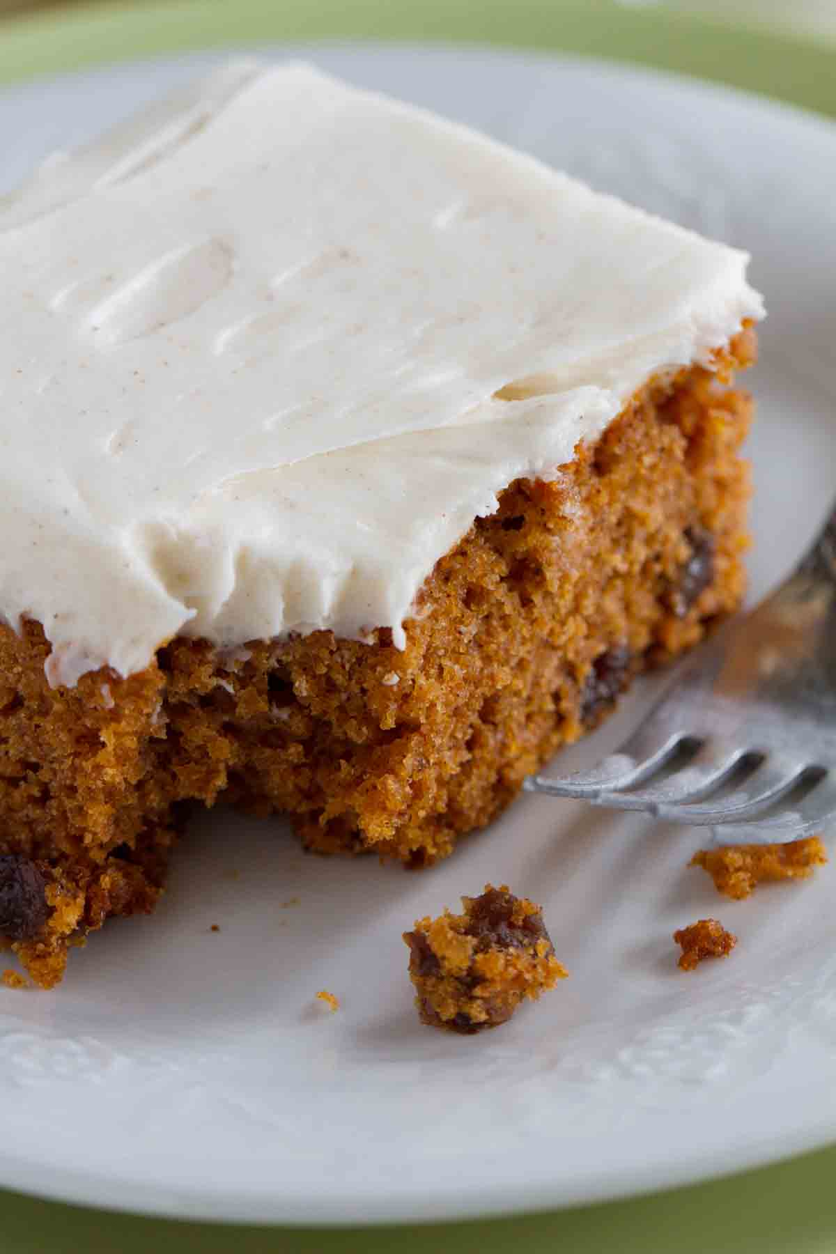 Tomato soup cake with a bite taken from it