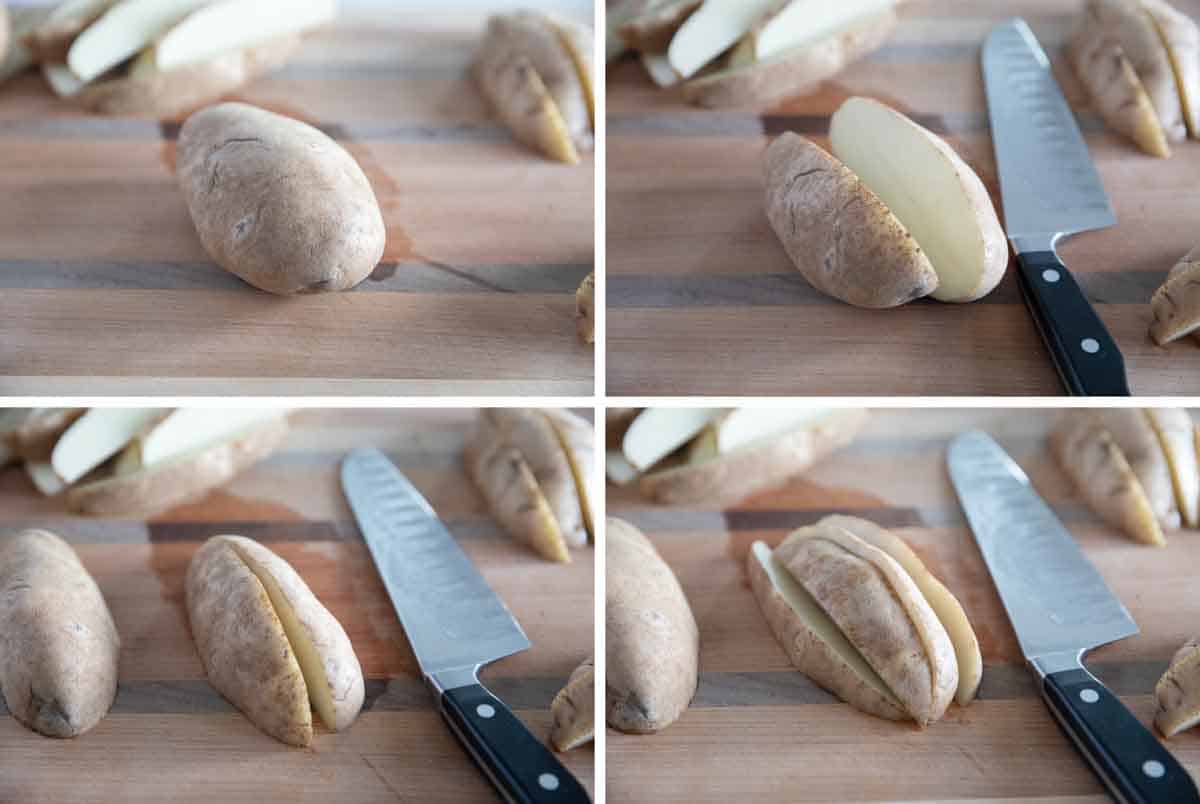 Cutting a potato for potato wedges.