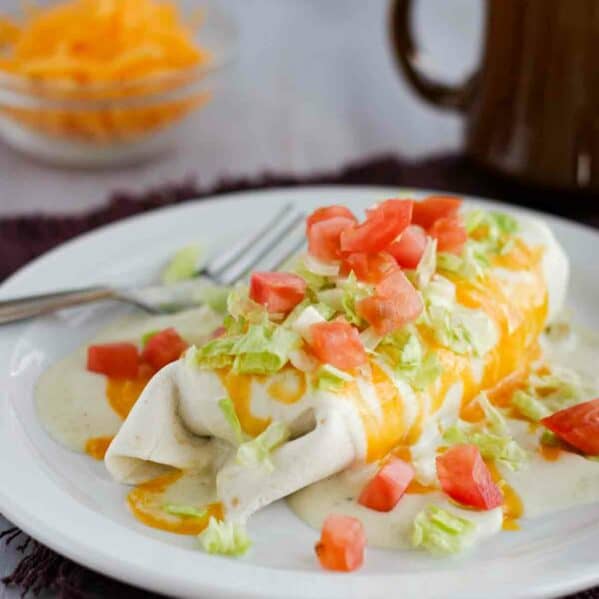 Beef and Bean Smothered Burrito on a plate.