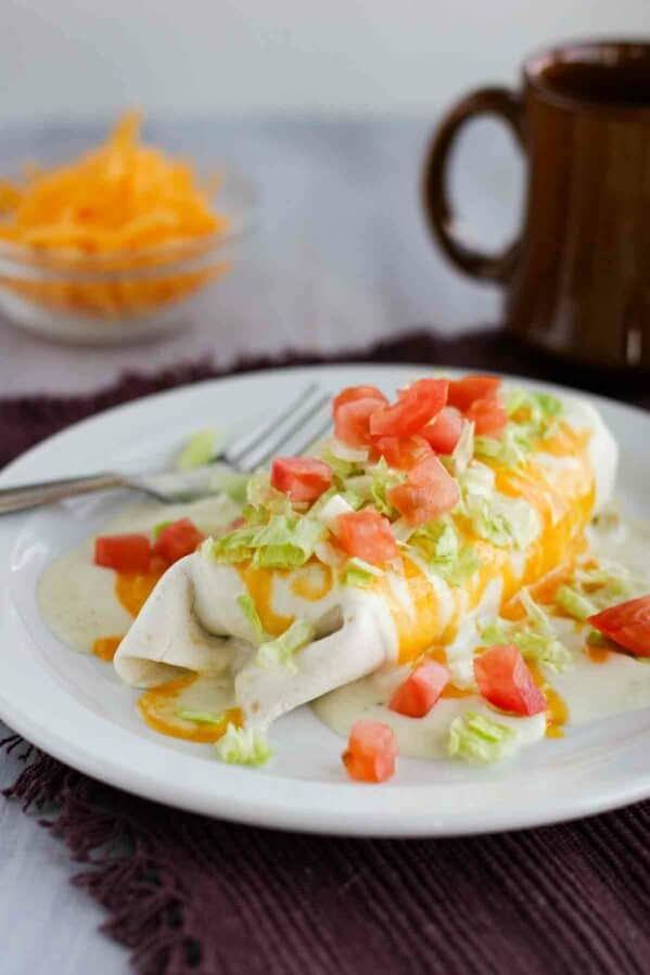 Beef and Bean Smothered Burrito on a plate.