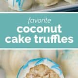 Coconut Cake Truffle collage with text bar in the middle.