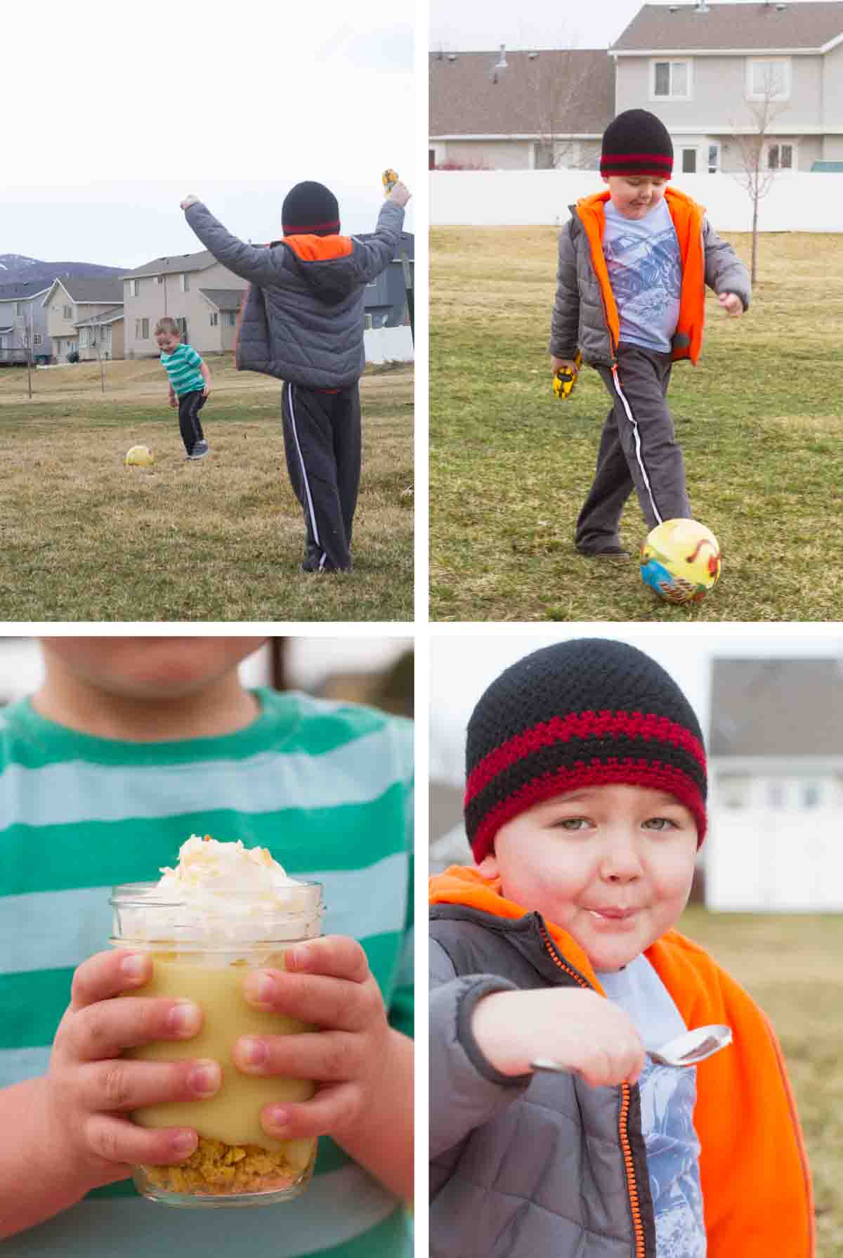 Children playing at a park with a ball and eating a Coconut Lemon Pudding Parfait.