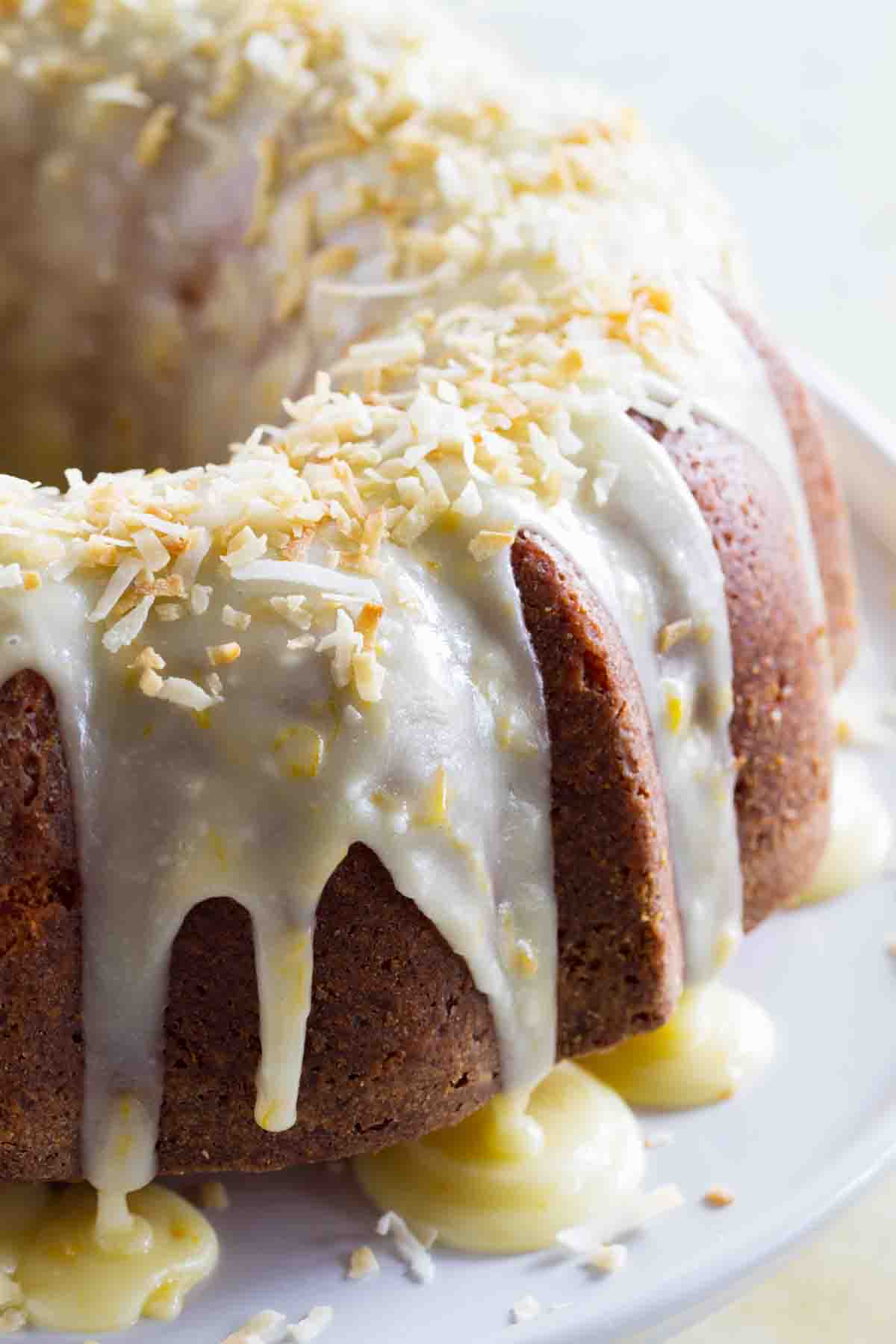 coconut orange pound cake baked in a bundt pan.