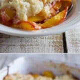 coconut peach cobbler collage with text bar