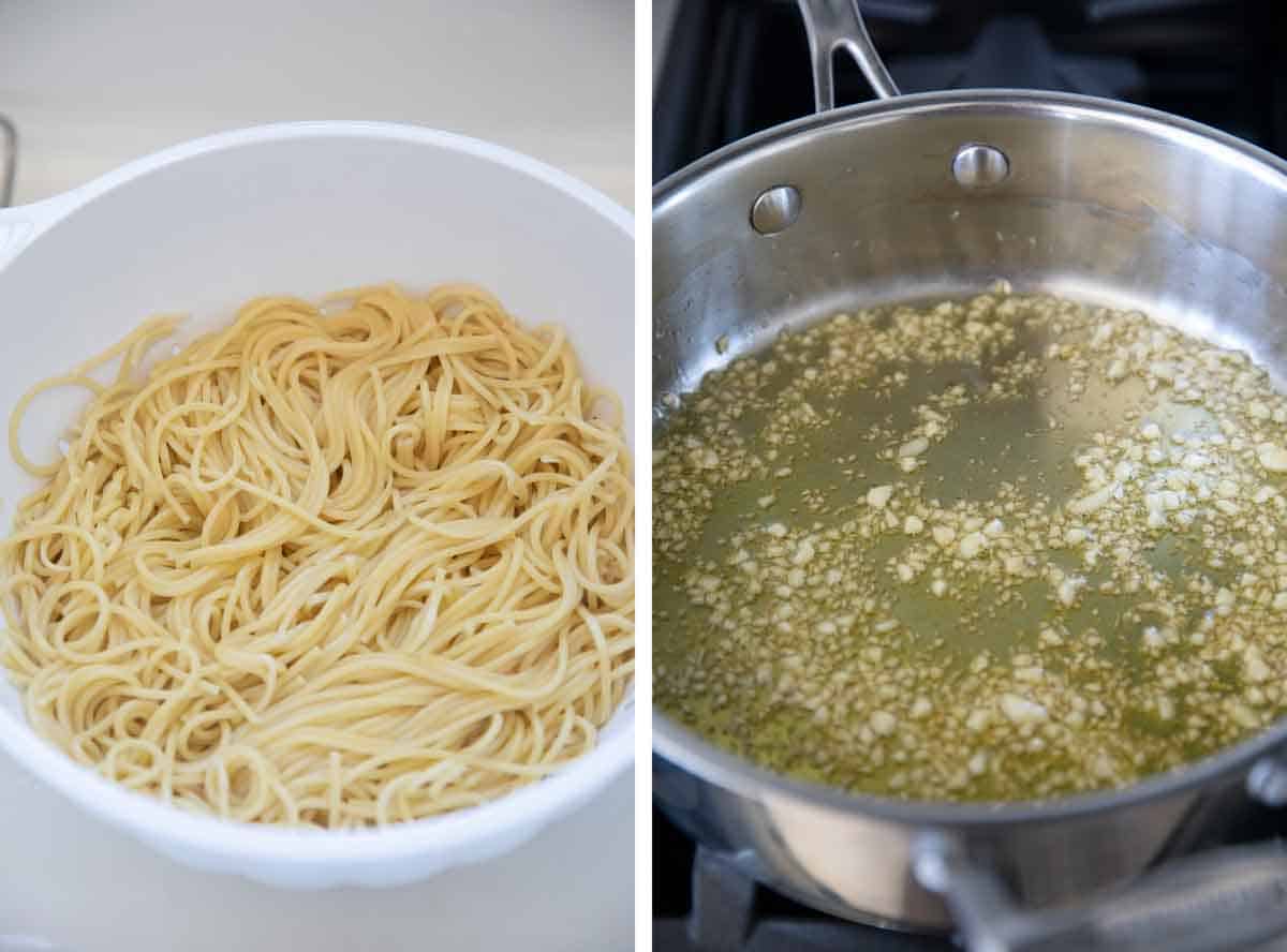 cooked spaghetti in a colander and garlic cooking in oil