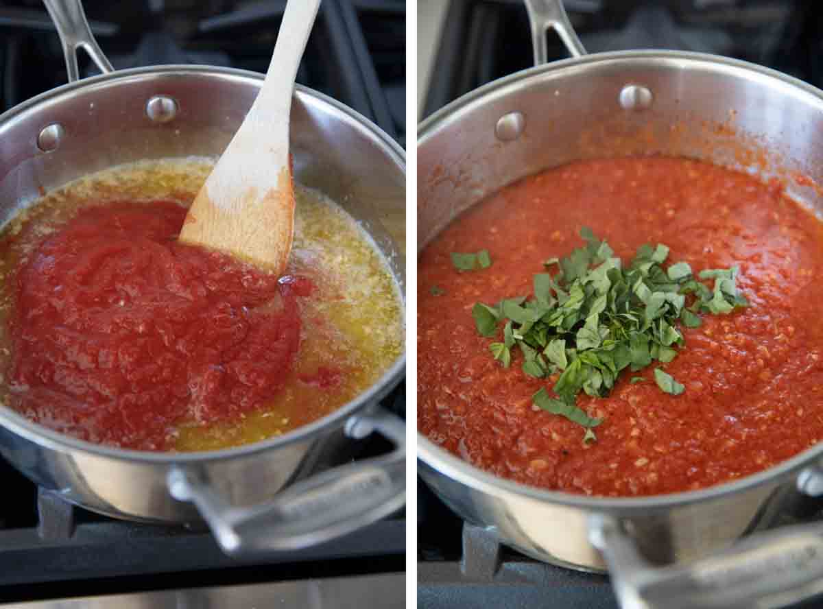 mixing tomatoes into garlic sauce then cooking with fresh basil