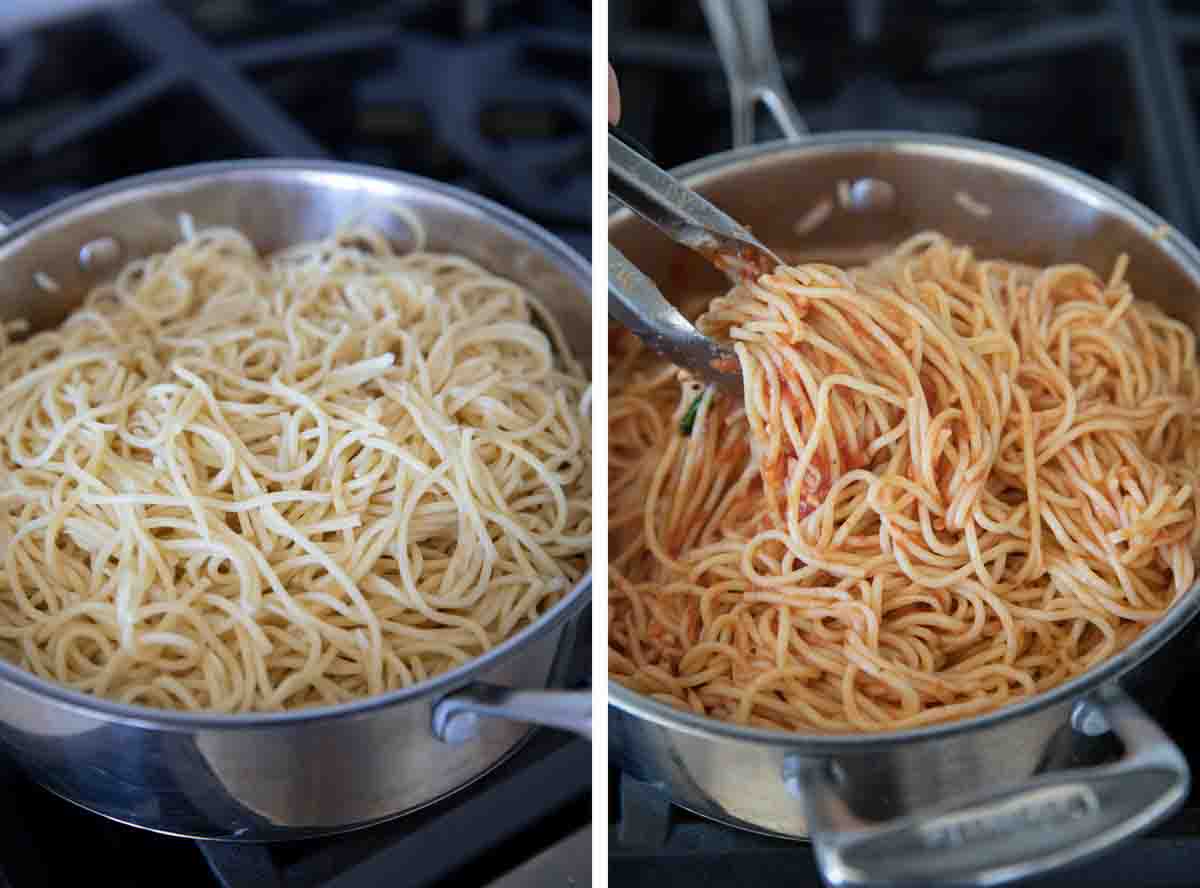 adding pasta to sauce and tossing it all together