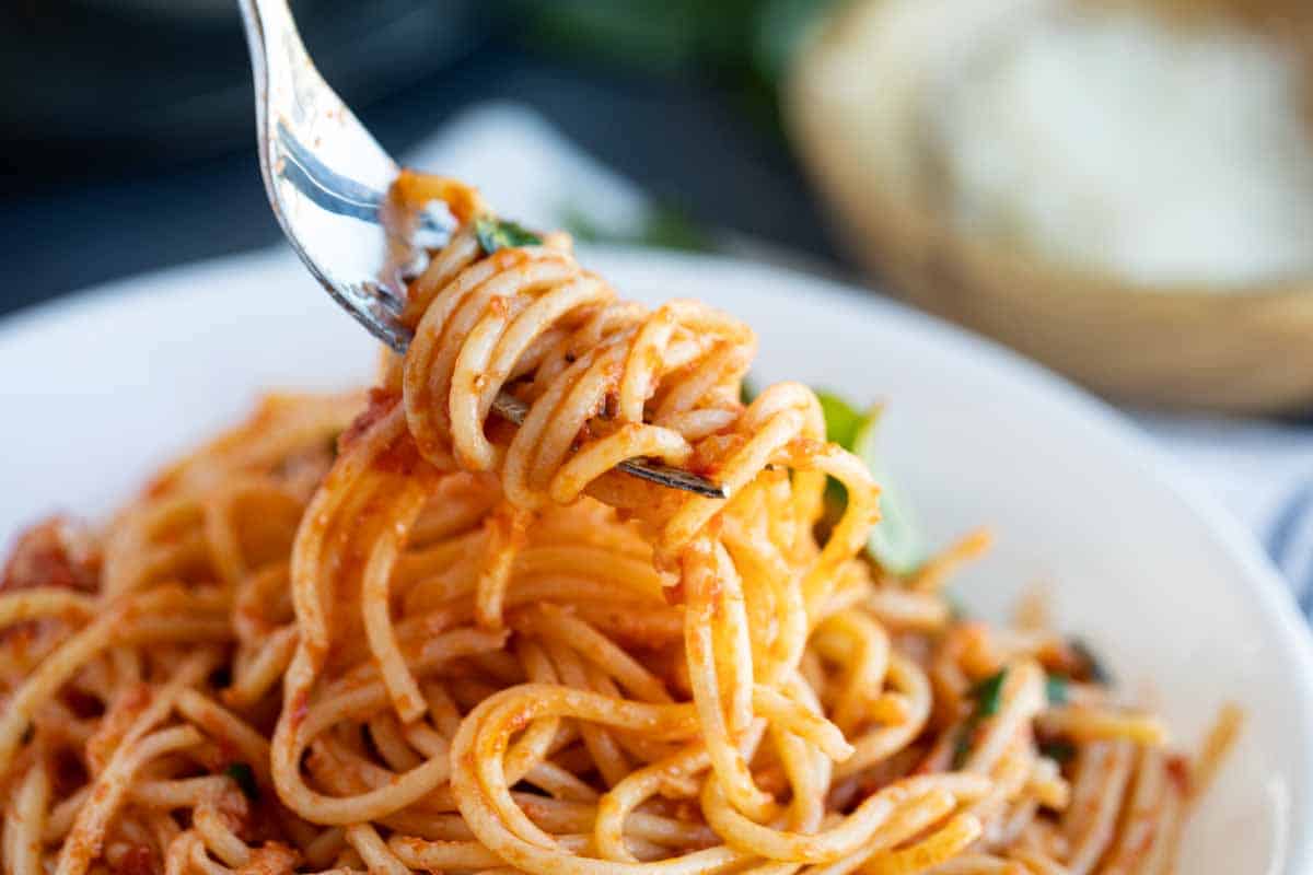 fork with twirled Garlic Spaghetti