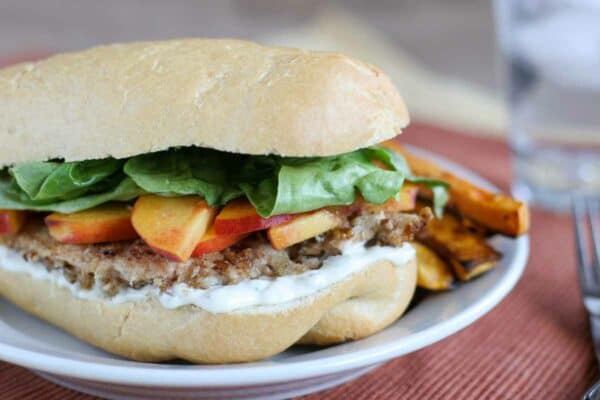 Georgia Peach Chicken Sandwich with sweet potato fries.