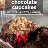 German Chocolate Cupcakes with Raspberry Filling with text overlay.