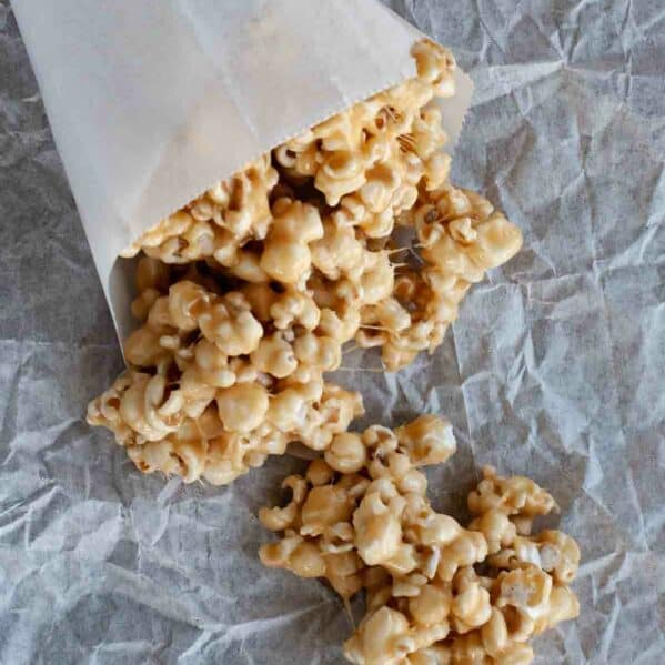 Marshmallow Caramel Popcorn in a paper cone