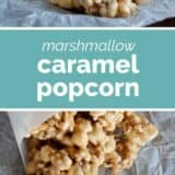 Marshmallow Caramel Popcorn collage with text bar