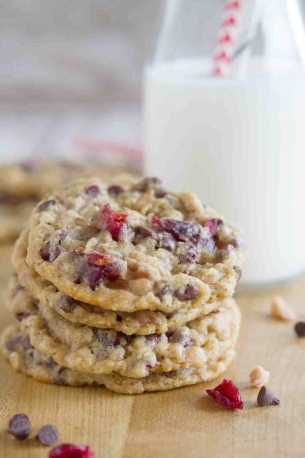 Four Oatmeal Cranberry Cookies stacked on top of each other.