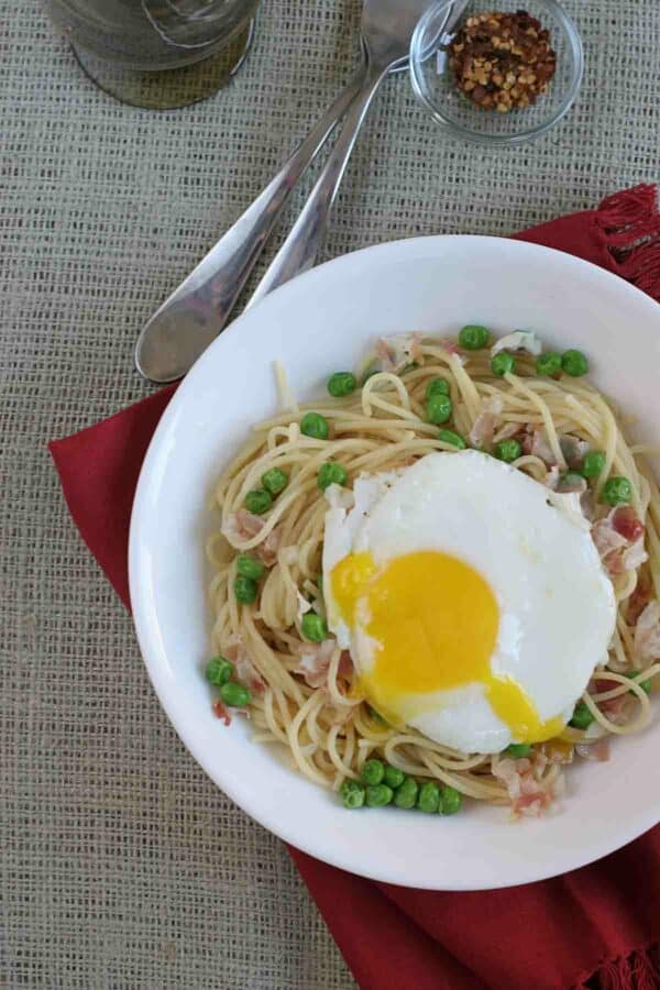 20 Minute Pancetta Pasta with Peas Taste and Tell
