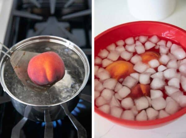 peeling fresh peaches for peach frozen yogurt