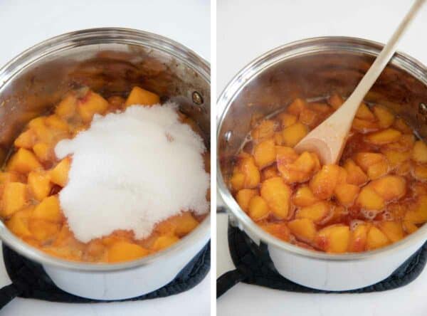 cooking peaches, water, and sugar together