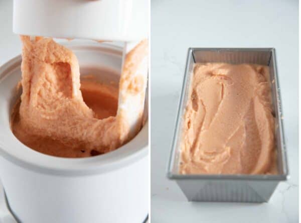 peach frozen yogurt in an ice cream maker and in a dish to be frozen