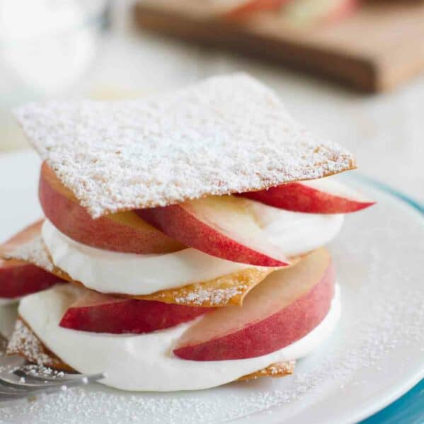 peach napoleon filled with cream using sugared wonton wrappers