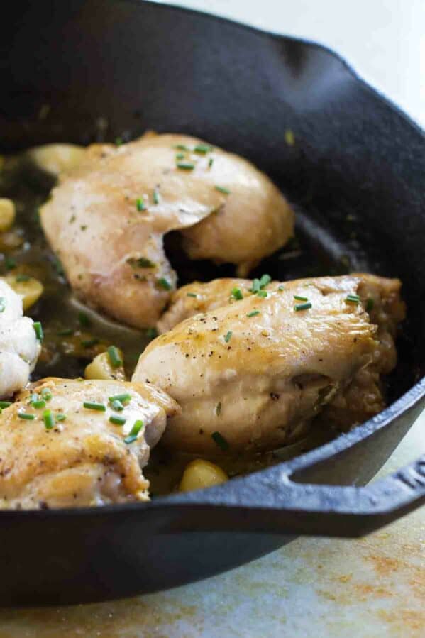 Skillet Chicken with Garlic and Herbs in a cast iron skillet.