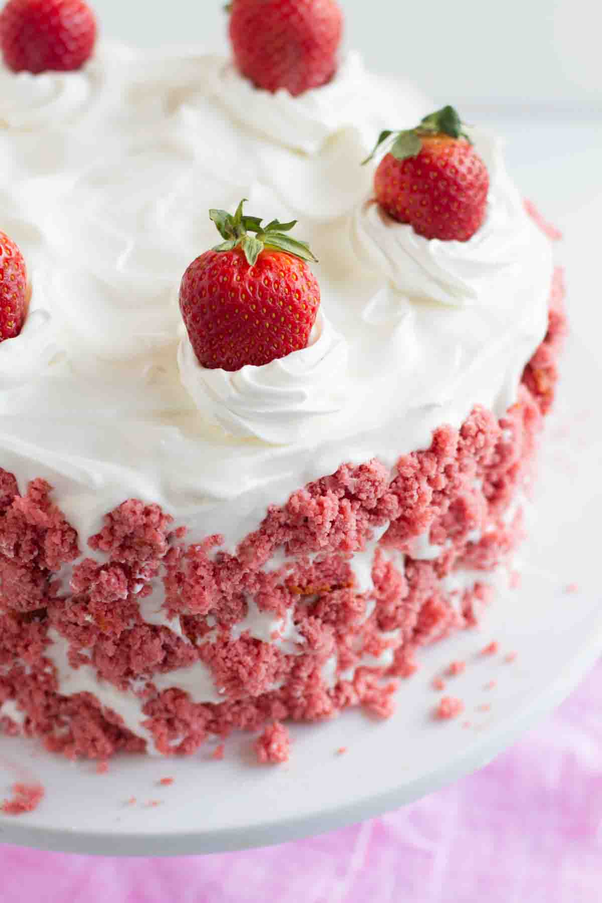 Full Strawberry Milkshake Ice Cream Cake with cake crumbs on the side.