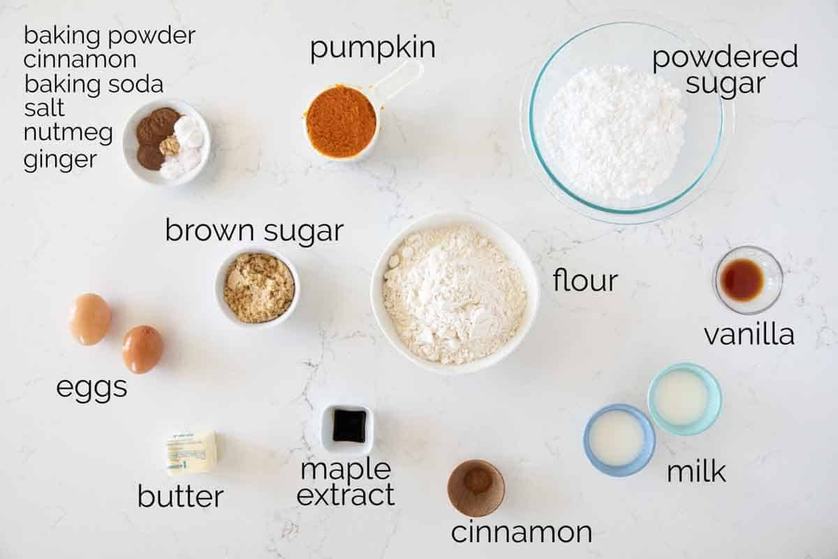 ingredients needed for baked pumpkin donuts with maple cinnamon glaze.