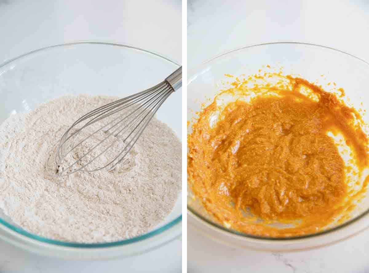 Mixing the dry ingredients and the wet ingredients for baked pumpkin donuts.