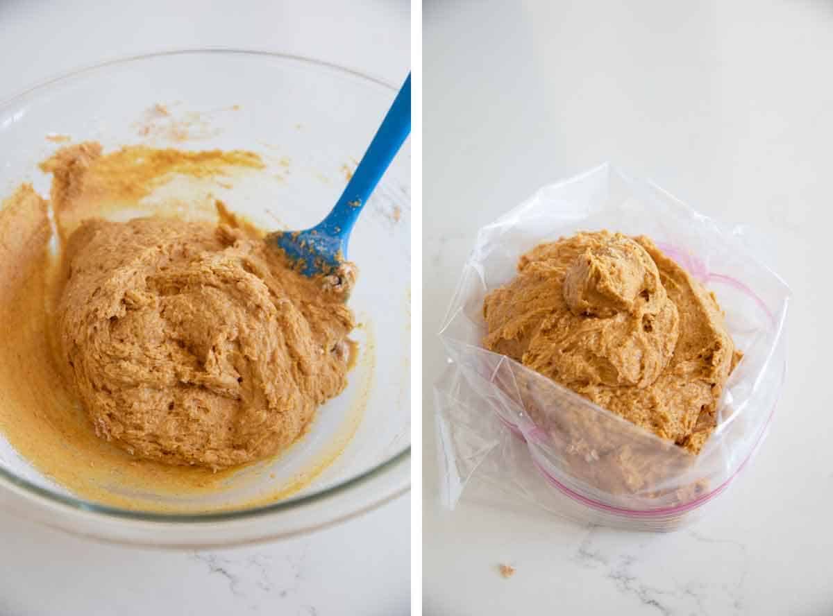 Mixing batter for pumpkin donuts and placing batter in a ziplock bag.