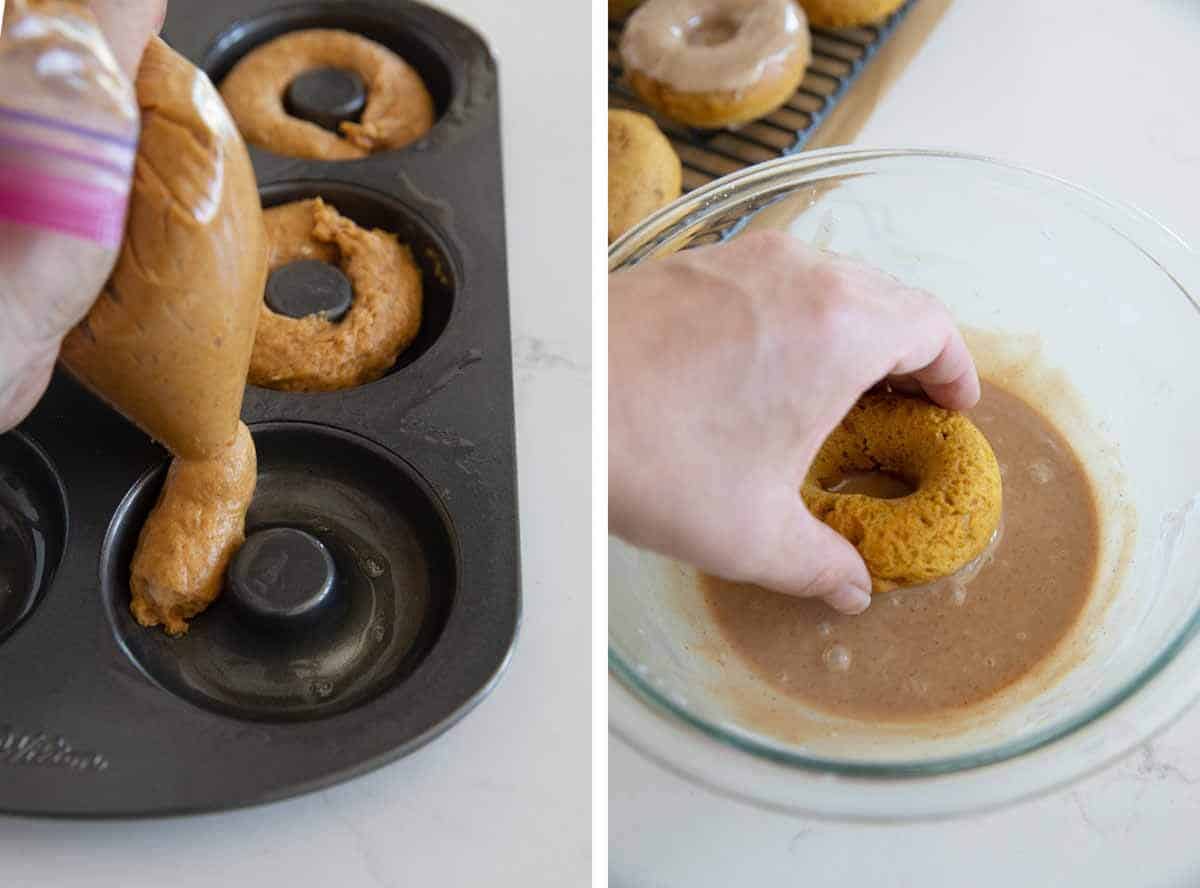 Transferring batter to a donut pan and dipping donut in glaze.