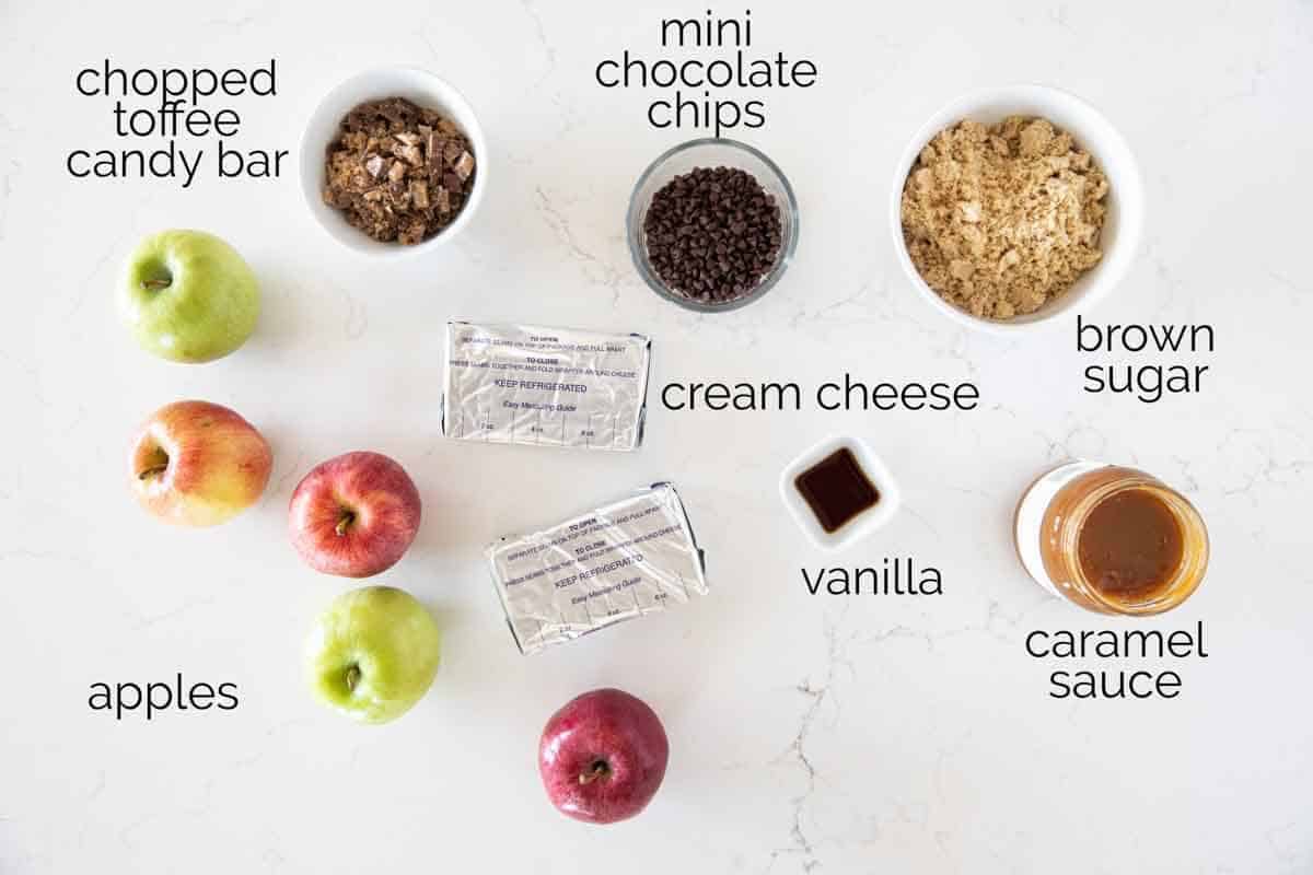 Ingredients needed for caramel apple dip.