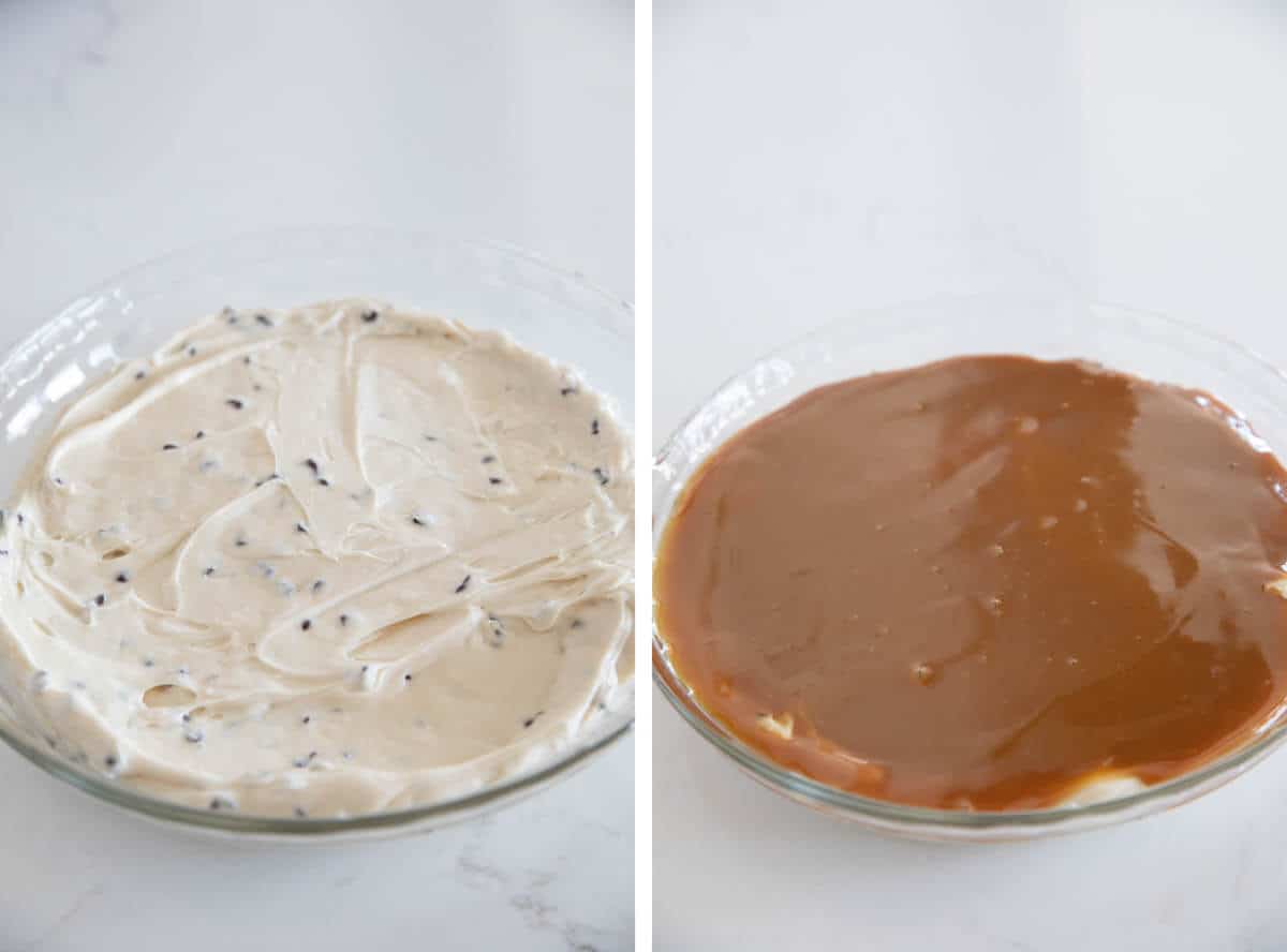 Cream cheese mixture for caramel apple dip and dip topped with caramel.