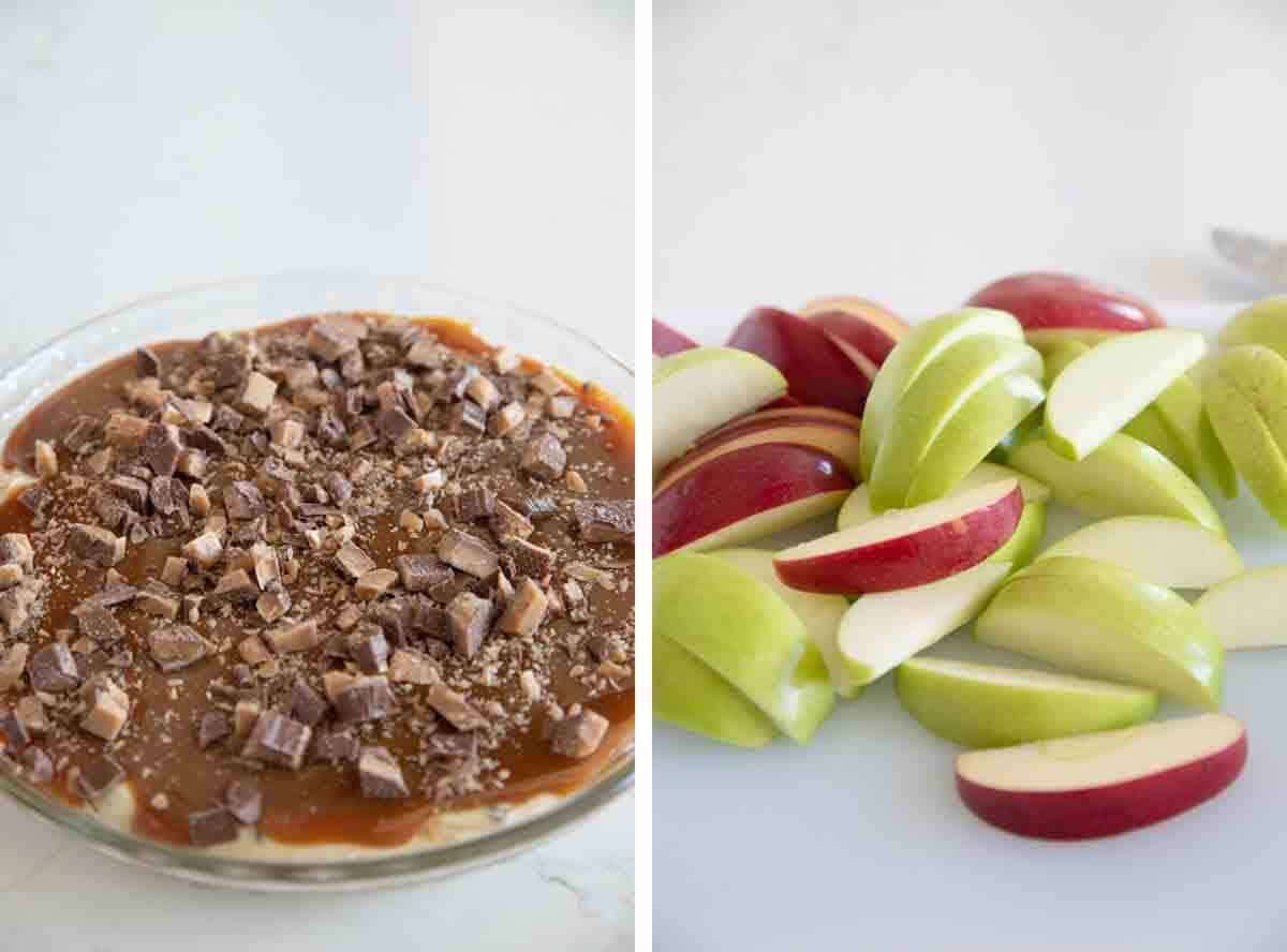 Caramel Apple Dip topped with toffee and sliced apples.