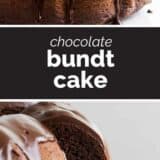 Chocolate Bundt Cake collage with text bar in the middle.