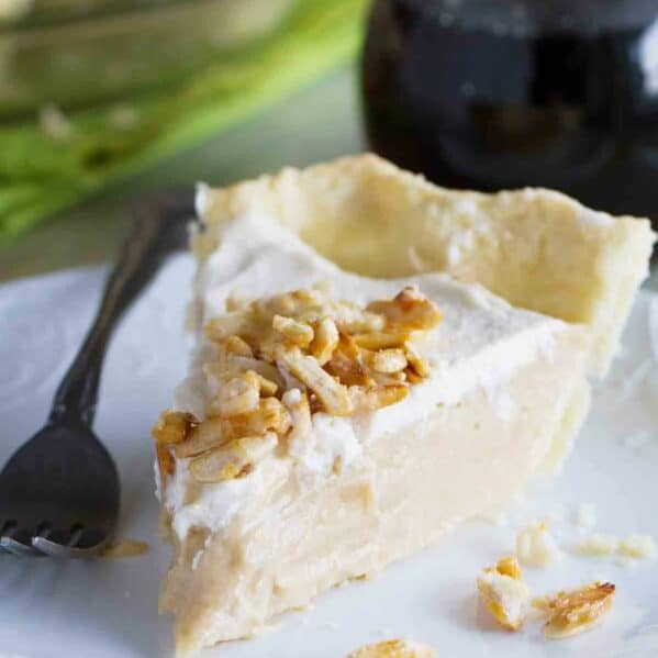 Slice of Maple Cream Pie on a plate.