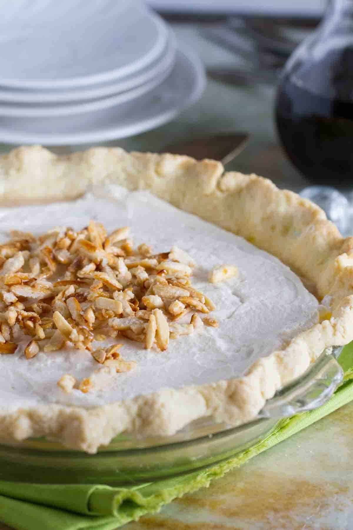 Full maple cream pie topped with almonds.