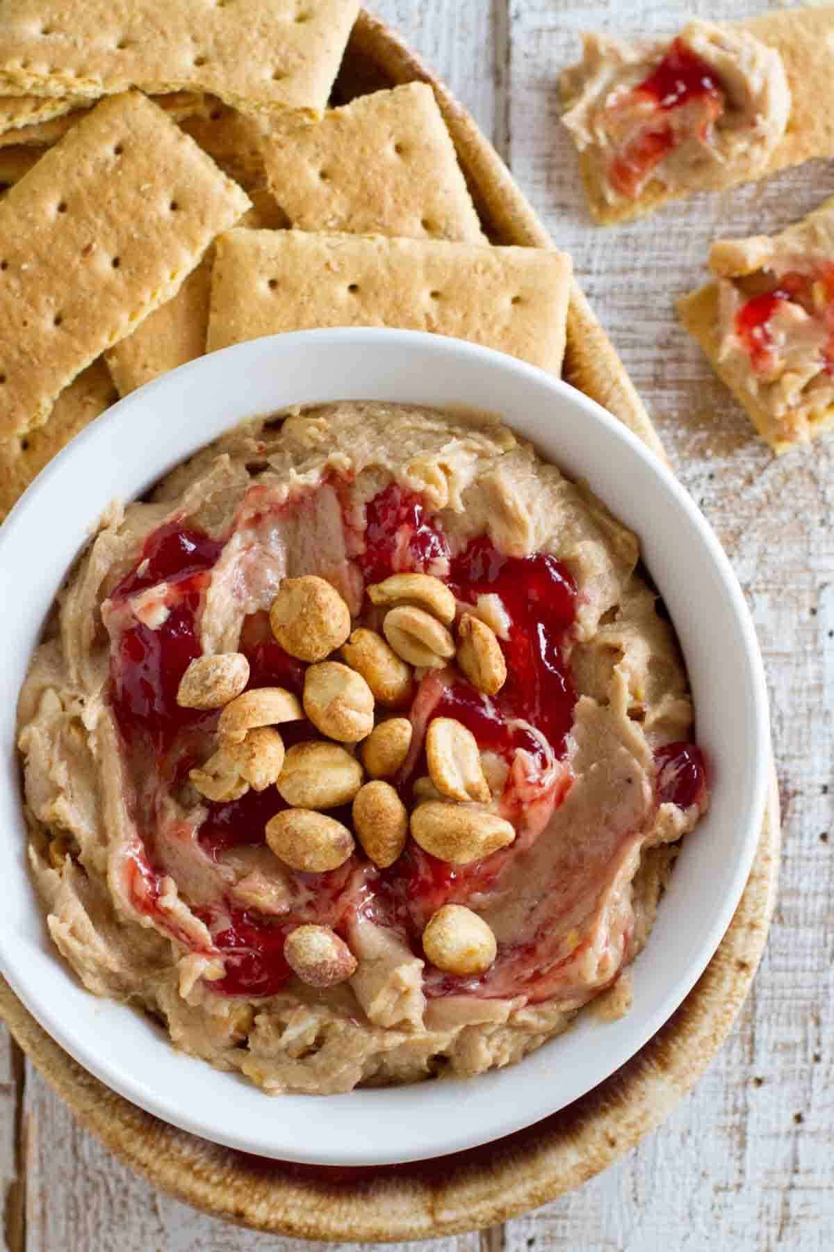 Peanut Butter and Jelly Dip served with graham crackers.