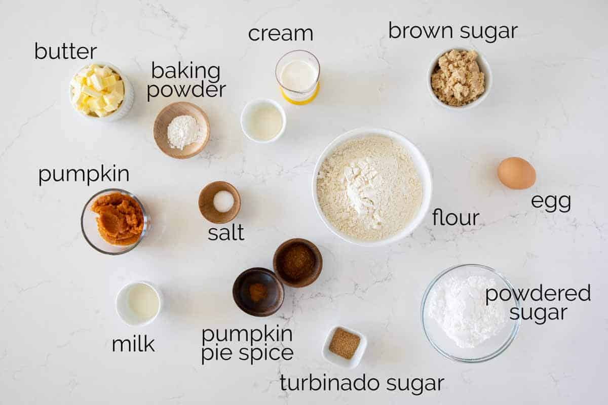 Ingredients needed for iced Pumpkin Scones.