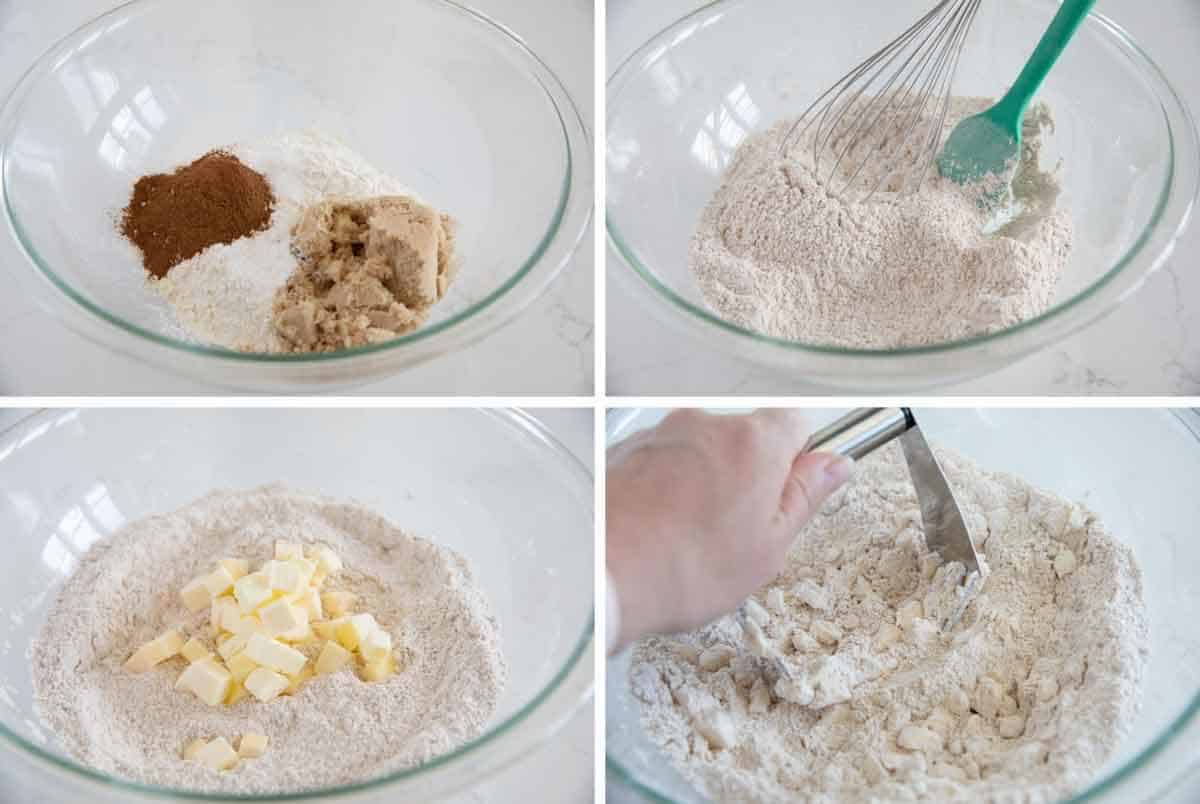 Mixing dry ingredients for pumpkin scones and cutting in butter.