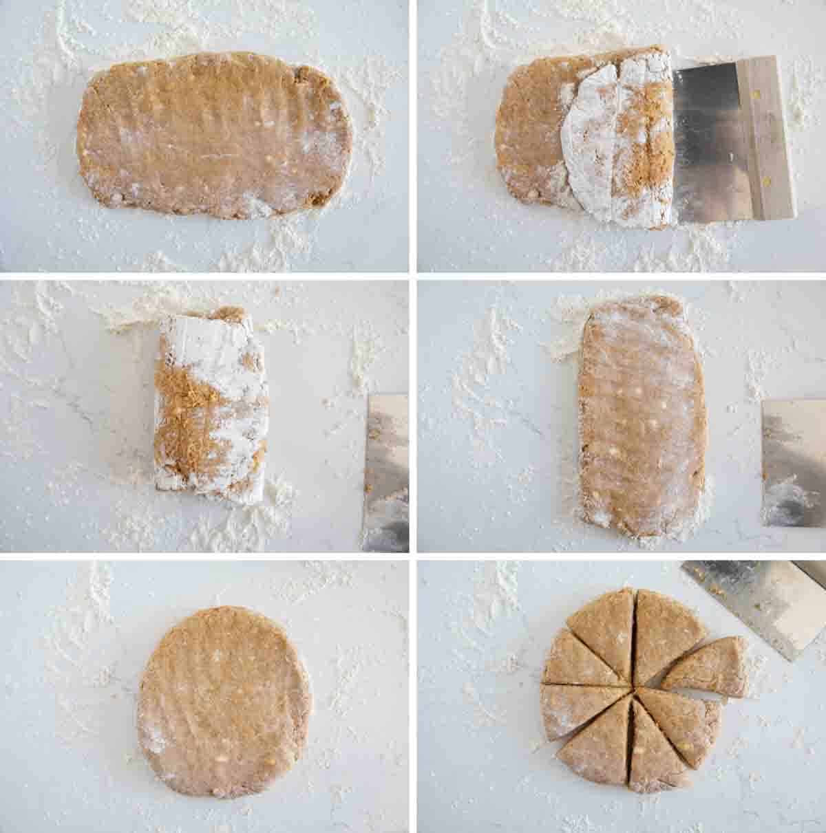 Steps to fold pumpkin scone dough and cut into wedges.