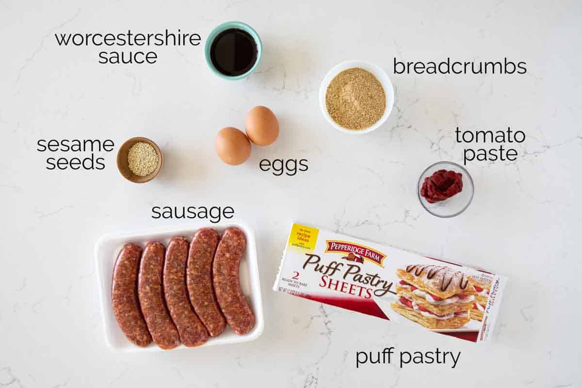 A popular British snack, these simple Sausage Rolls have puff pastry that is filled with a sausage mixture and baked. Ingredients for sausage rolls.